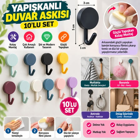 Mey İthalat 10 lu Plastik Kendinden Yapışkanlı Renkli Askı Seti