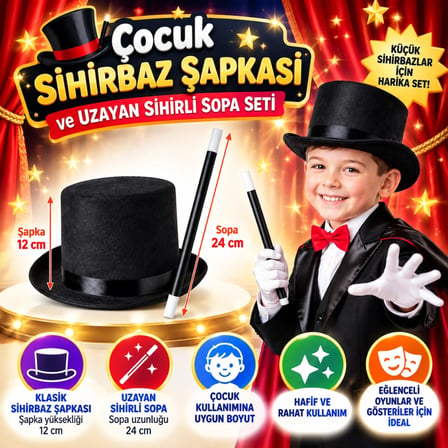 Mey İthalat Çocuk Sihirbaz Şapkası ve Uzayan Yaylı Sihirli Sopa Seti