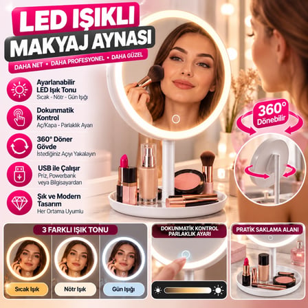 Mey İthalat LED Işıklı Yuvarlak Makyaj Aynası – Dokunmatik Ayarlanabilir Işık Tonlu, 360° Döner Masaüstü Profesyonel Makyaj ve Cilt Bakım Aynası