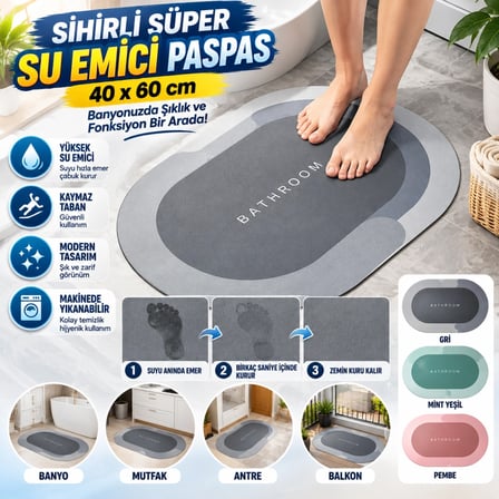Mey İthalat Sihirli Süper Su Emici Kaymaz Tabanlı Oval Paspas 40*60 cm