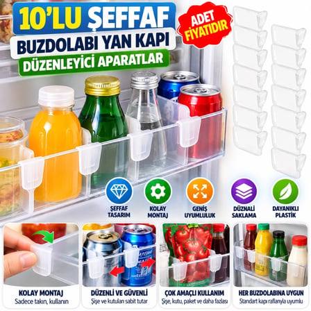 Mey İthalat 10'luŞeffaf Buzdolabı Yan Kapı Düzenleyici Buzdolabı Dolap İçi Bölümleyici Aparatlar
