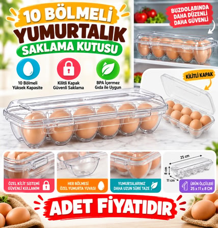 Mey İthalat 10 Bölmeli Kilitli Kapaklı Yumurtalık Saklama Kutusu YU110 (adet fiyatıdır)