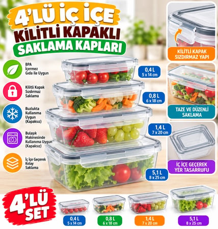 Mey İthalat 4lü İç İçe Sızdırmaz Contalı Kilitli Kapaklı Plastik Erzak Saklama Kapları LC315