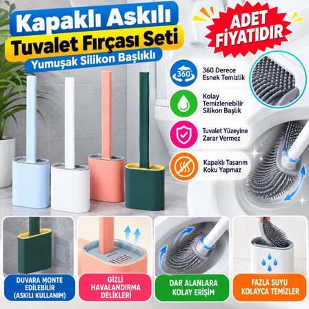 Mey İthalat Duvara Monte Edilebilir Kapaklı Askılı Klozet Yumuşak Silikon Başlıklı Tuvalet Fırçası Seti(adet fiyatıdır)