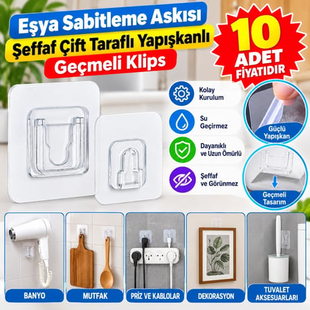 Mey İthalat Eşya Sabitleme Askısı 10 Çift Şeffaf Çift Taraflı Yapışkanlı Geçmeli Klips (adet fiyatıdır)