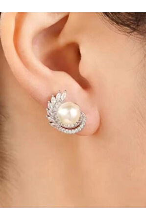 925 Ayar Gümüş İnci ve Zirkon Taşlarla Süslü Kanat Küpe