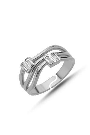 925 Ayar Gümüş Ayarlanabilir Çift Zirkon Taşlı Yüzük