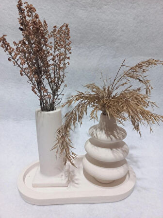 Dekoratif  3 Parça Tabaklı Vazo Set Beyaz