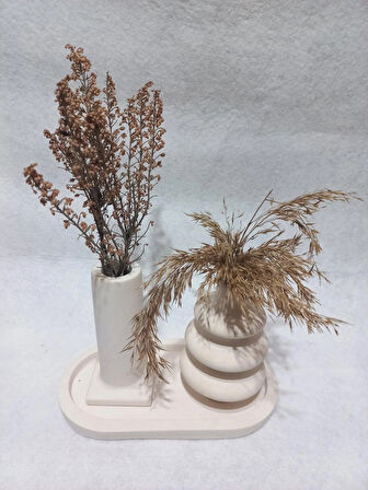 Dekoratif  3 Parça Tabaklı Vazo Set Beyaz