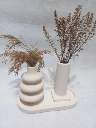 Dekoratif  3 Parça Tabaklı Vazo Set Beyaz