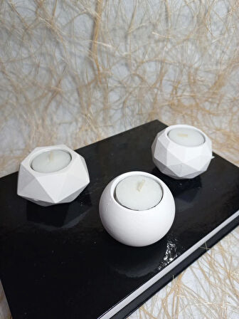 Geometrit Desenli Beyaz 3'lü Mumluk Set, Dekoratif Masa Sehpa Üstü Aksesuar