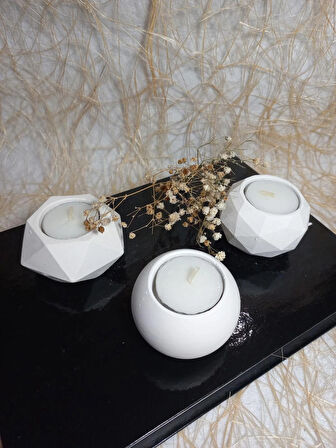 Geometrit Desenli Beyaz 3'lü Mumluk Set, Dekoratif Masa Sehpa Üstü Aksesuar