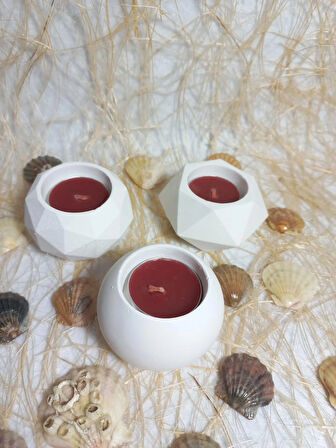 Geometrit Desenli Beyaz 3'lü Mumluk Set, Dekoratif Masa Sehpa Üstü Aksesuar