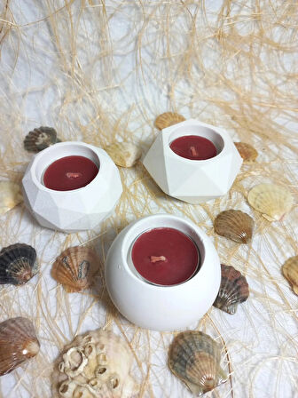 Geometrit Desenli Beyaz 3'lü Mumluk Set, Dekoratif Masa Sehpa Üstü Aksesuar