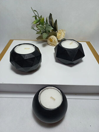 Geometrit Desenli Siyah 3'lü Mumluk Set, Dekoratif Masa Sehpa Üstü Aksesuar