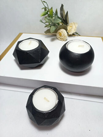 Geometrit Desenli Siyah 3'lü Mumluk Set, Dekoratif Masa Sehpa Üstü Aksesuar