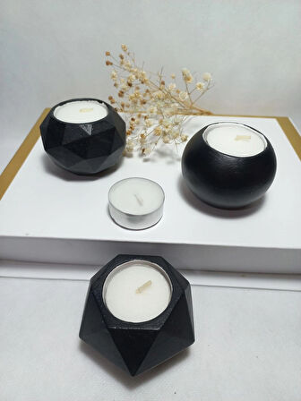 Geometrit Desenli Siyah 3'lü Mumluk Set, Dekoratif Masa Sehpa Üstü Aksesuar