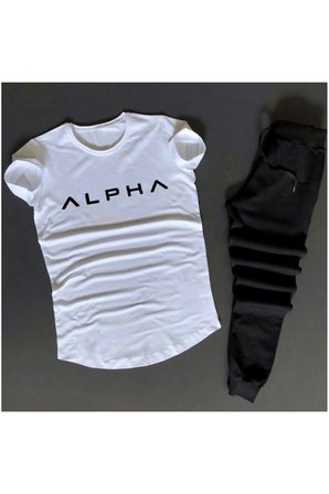 Unisex Alpha Beyaz Eşofman Takımı Düz Siyah Es916
