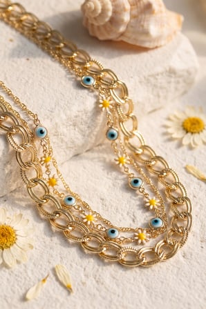 Gold Renk Samanyolu Zincir Papatya ve Nazarlı Model Kombin Kadın Kolye 5886