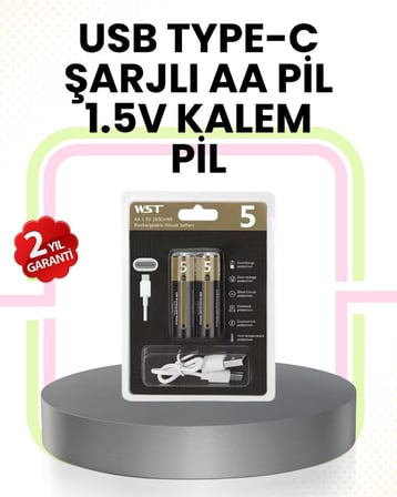 Tekrar Şarj Edilebilir AA USB Type-C Pil | 1000+ Döngü | 1.5V Sabit Voltaj