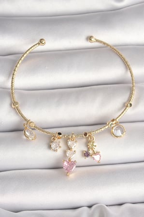Pirinç Gold Renk Sallantı Zirkon Taşlı Kalp Figür Pembe Kalp Detay Charm Kadın