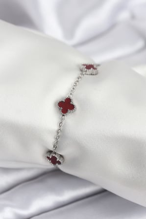 316L Çelik Gümüş Renk Bordo Baby Boy Yonca Kadın Bileklik 5886