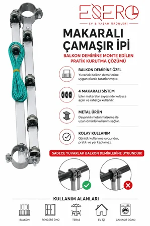 20537 Balkon Askılığı 56 CM Çamaşır Asma Demiri 4 Makaralı Kurutmalık