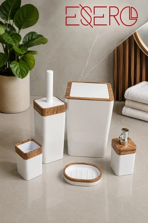 5 Parça Lüks Banyo Seti Ahşap Desenli Çöp Kovası WC Fırçası Sıvı Sabunluk Diş Fırçalık Sabunluk 340 Ahşap Beyaz