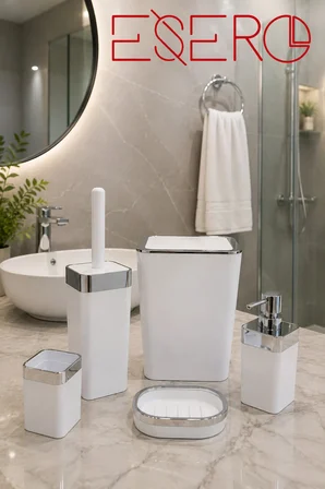 5'li Lüks Banyo Aksesuar Seti Beyaz Krom | Çöp Kovası WC Fırçalık Sıvı Sabunluk Sabunluk Diş Fırçalık Modern Banyo Seti 340 KROM BEYAZ