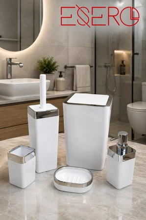 5'li Lüks Banyo Aksesuar Seti Beyaz Krom | Çöp Kovası WC Fırçalık Sıvı Sabunluk Sabunluk Diş Fırçalık Modern Banyo Seti 340 KROM BEYAZ