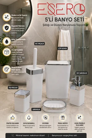 5'li Lüks Banyo Aksesuar Seti Beyaz Krom | Çöp Kovası WC Fırçalık Sıvı Sabunluk Sabunluk Diş Fırçalık Modern Banyo Seti 340 KROM BEYAZ