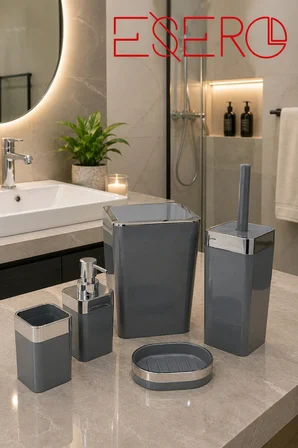 5 Parça Gri Banyo Aksesuar Seti Modern Lüks Tasarım Çöp Kovası WC Fırçalık Sıvı Sabunluk Diş Fırçalık Sabunluk 340 KROM Premium