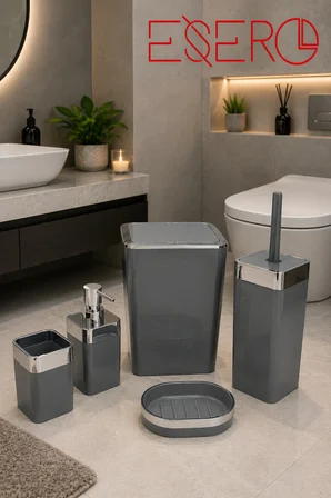 5 Parça Gri Banyo Aksesuar Seti Modern Lüks Tasarım Çöp Kovası WC Fırçalık Sıvı Sabunluk Diş Fırçalık Sabunluk 340 KROM Premium