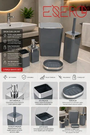 5 Parça Gri Banyo Aksesuar Seti Modern Lüks Tasarım Çöp Kovası WC Fırçalık Sıvı Sabunluk Diş Fırçalık Sabunluk 340 KROM Premium