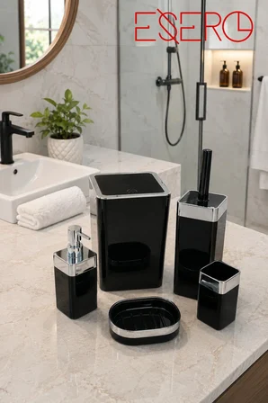 SİYAH 5 Parça Siyah Banyo Aksesuar Seti Krom Detaylı Modern Banyo Takımı Çöp Kovası WC Fırçalık Sıvı Sabunluk Diş Fırçalık Sabunluk 340 KROM