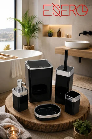 SİYAH 5 Parça Siyah Banyo Aksesuar Seti Krom Detaylı Modern Banyo Takımı Çöp Kovası WC Fırçalık Sıvı Sabunluk Diş Fırçalık Sabunluk 340 KROM