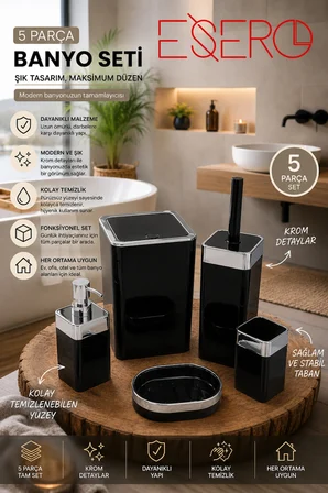SİYAH 5 Parça Siyah Banyo Aksesuar Seti Krom Detaylı Modern Banyo Takımı Çöp Kovası WC Fırçalık Sıvı Sabunluk Diş Fırçalık Sabunluk 340 KROM
