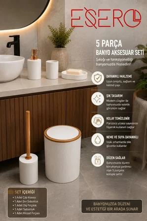 5'li Banyo Aksesuar Seti Lüks Beyaz Banyo Takımı Çöp Kovası Klozet Fırçası Diş Fırçalık Sabunluk