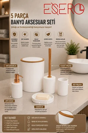 5'li Banyo Aksesuar Seti Lüks Beyaz Banyo Takımı Çöp Kovası Klozet Fırçası Diş Fırçalık Sabunluk