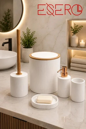 5'li Banyo Aksesuar Seti Lüks Beyaz Banyo Takımı Çöp Kovası Klozet Fırçası Diş Fırçalık Sabunluk
