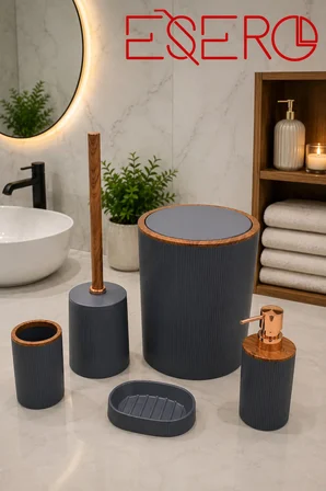 5 Parça Banyo Aksesuar Seti Çöp Kovası Sıvı Sabunluk Diş Fırçalık Sabunluk WC Fırçası Antrasit Ahşap Desenli 351 GRİ