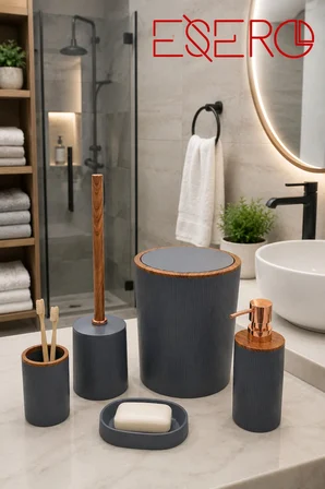 5 Parça Banyo Aksesuar Seti Çöp Kovası Sıvı Sabunluk Diş Fırçalık Sabunluk WC Fırçası Antrasit Ahşap Desenli 351 GRİ