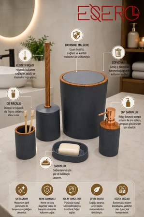 5 Parça Banyo Aksesuar Seti Çöp Kovası Sıvı Sabunluk Diş Fırçalık Sabunluk WC Fırçası Antrasit Ahşap Desenli 351 GRİ