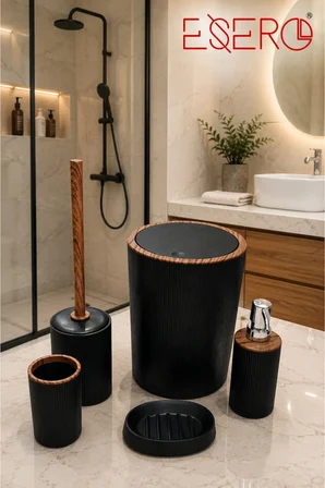 5'li Banyo Seti Siyah Ahşap Desenli Çöp Kovası WC Fırçası Sabunluk Diş Fırçalık Sıvı Sabunluk Modern Banyo Aksesuar Takımı 351 SİYAH Lüks