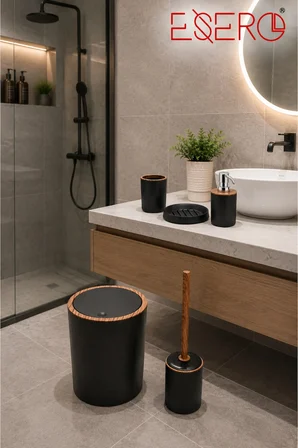 5'li Banyo Seti Siyah Ahşap Desenli Çöp Kovası WC Fırçası Sabunluk Diş Fırçalık Sıvı Sabunluk Modern Banyo Aksesuar Takımı 351 SİYAH Lüks