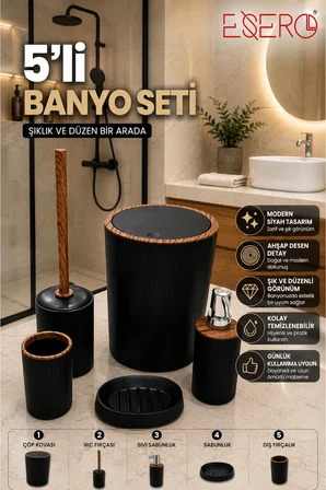 5'li Banyo Seti Siyah Ahşap Desenli Çöp Kovası WC Fırçası Sabunluk Diş Fırçalık Sıvı Sabunluk Modern Banyo Aksesuar Takımı 351 SİYAH Lüks