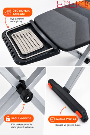 ESERO 8 Kademeli Ayarlanabilir Ütü Masası Prizli Geniş Ütü Alanı Katlanabilir Sağlam Metal Ayaklı