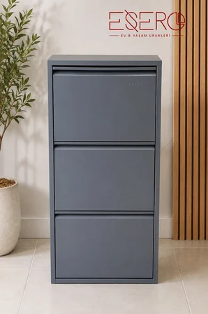 ESERO 3 Kapaklı Metal Antrasit Ayakkabılık 50x104x15 cm | Dar İnce Ayakkabı Dolabı, Duvara Monte