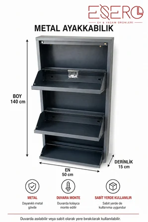 ESERO 3 Kapaklı Metal Antrasit Ayakkabılık 50x104x15 cm | Dar İnce Ayakkabı Dolabı, Duvara Monte