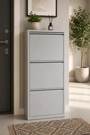 3 Kapaklı Metal Krem Ayakkabılık 50x104x15 cm | Dar ve İnce Tasarım Ayakkabı Dolabı
